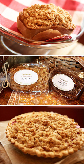 TOP AND MIDDLE: TASTY TEA BREADS; BOTTOM: DELECTABLE APPLE-CRANBERRY SOUR CREAM CRUMB PIE. ALL AVAILABLE AT THE SMITHY. PHOTOGRAPHED BY MIKE YAMIN.