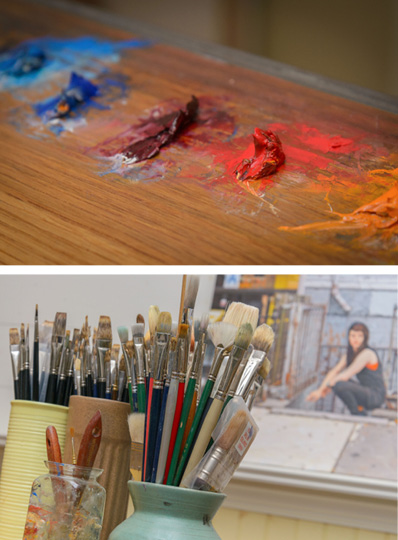 GIARRANO'S PALETTE AND BRUSHES. PHOTOS BY MIKE YAMIN.