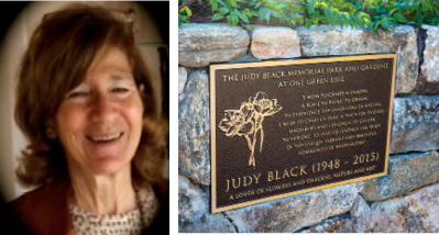 LEFT: JUDY BLACK; RIGHT: THE DEDICATION PLAQUE AT THE PARK IN WASHINGTON DEPOT